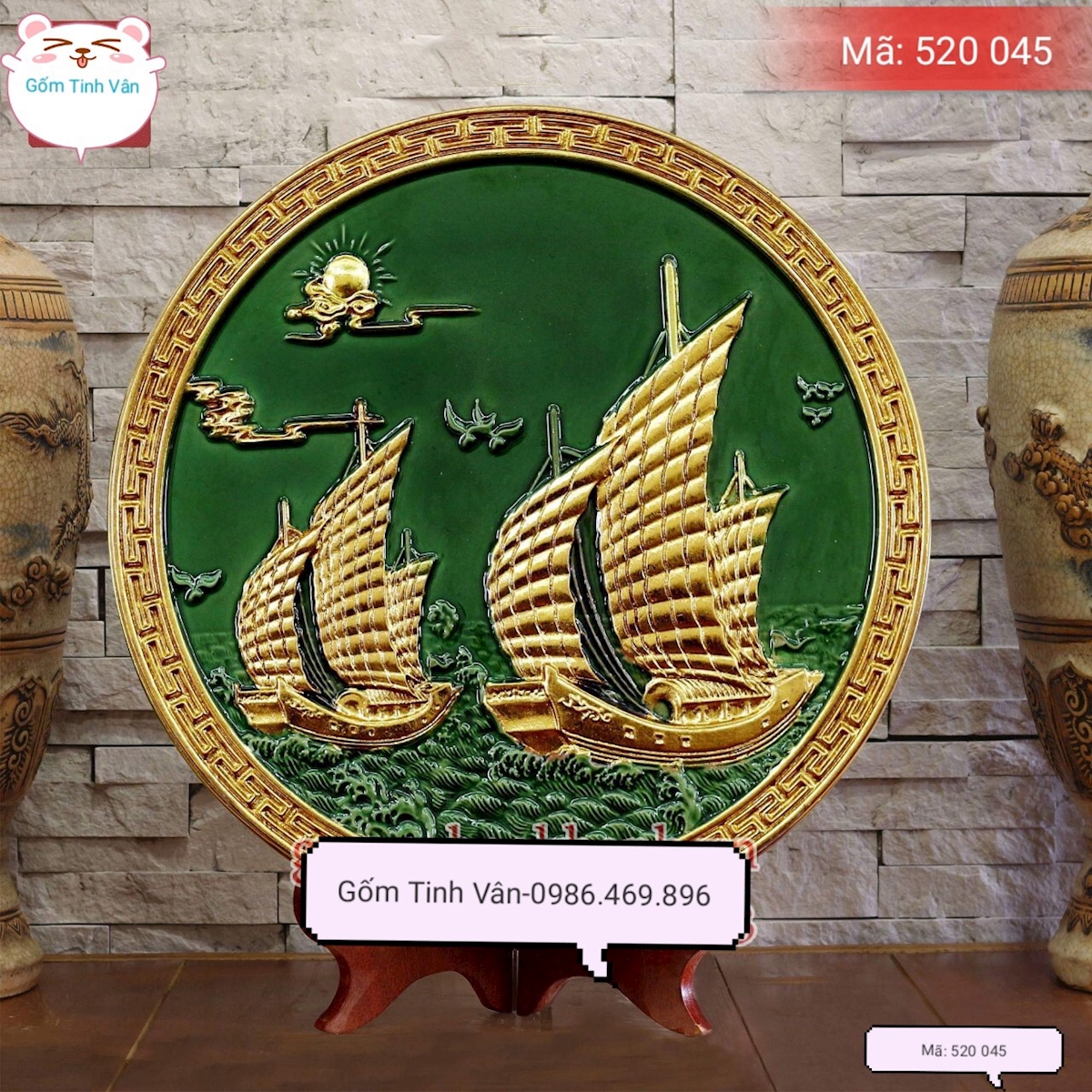 Đĩa cảnh trưng bày rát vàng, đắp nổi thuận buồm xuôi gió, mã 520045, gốm bát tràng, tinh vân