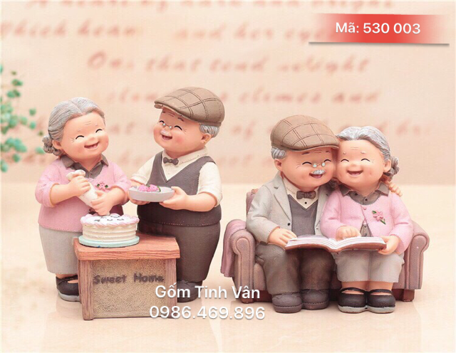 Tượng cặp đôi ông bà làm bánh, đọc sách, mã 530003, gốm sứ bát tràng tinh vân