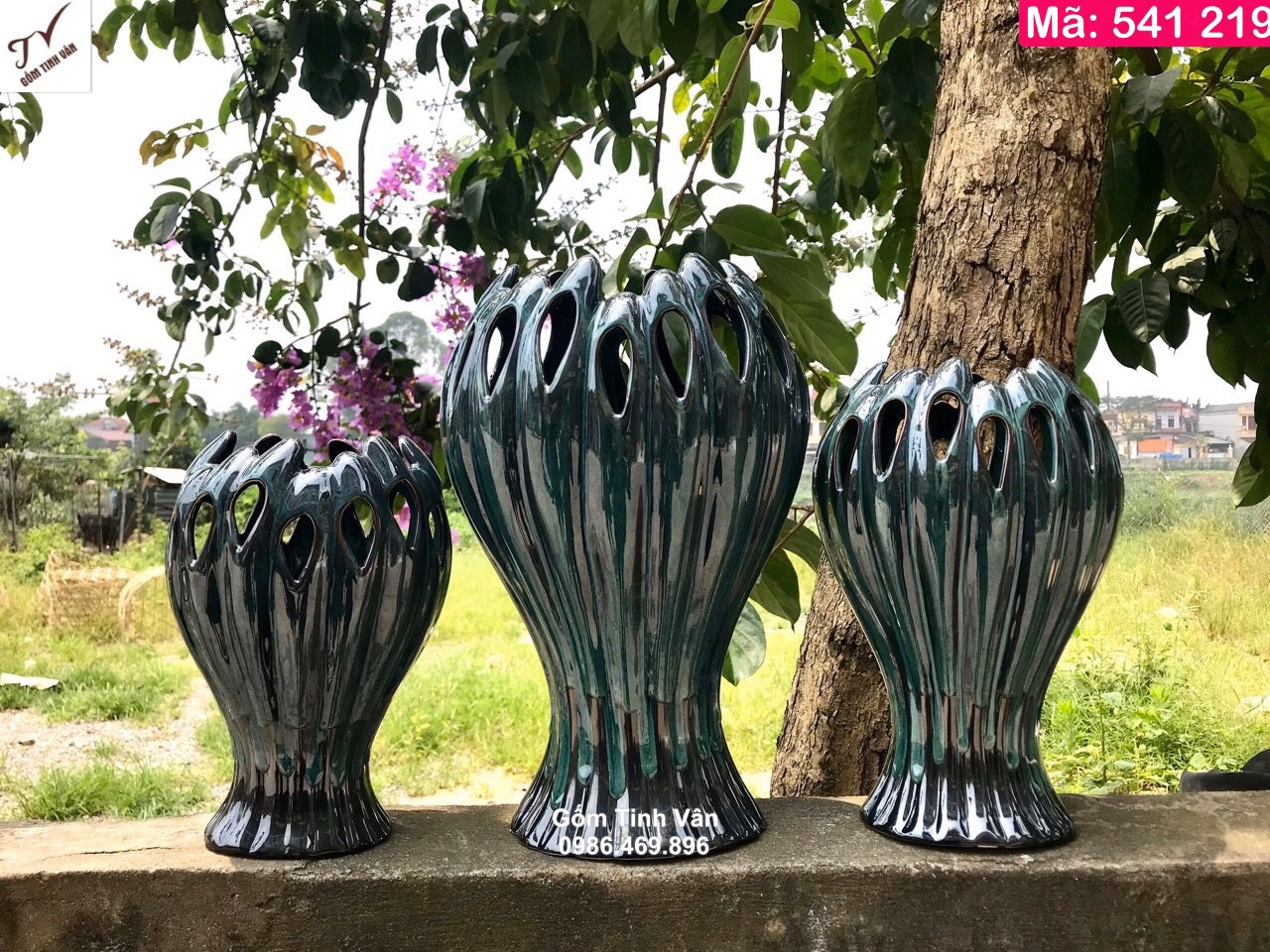 Set 3 bình hoa hình bàn tay phật thủ, mã 541219, cao 30-25-22 cm, men xanh hoả biến, lọ hoa trang trí nội thất, trưng bày phòng khách, bình bông gốm bát tràng tinh vân