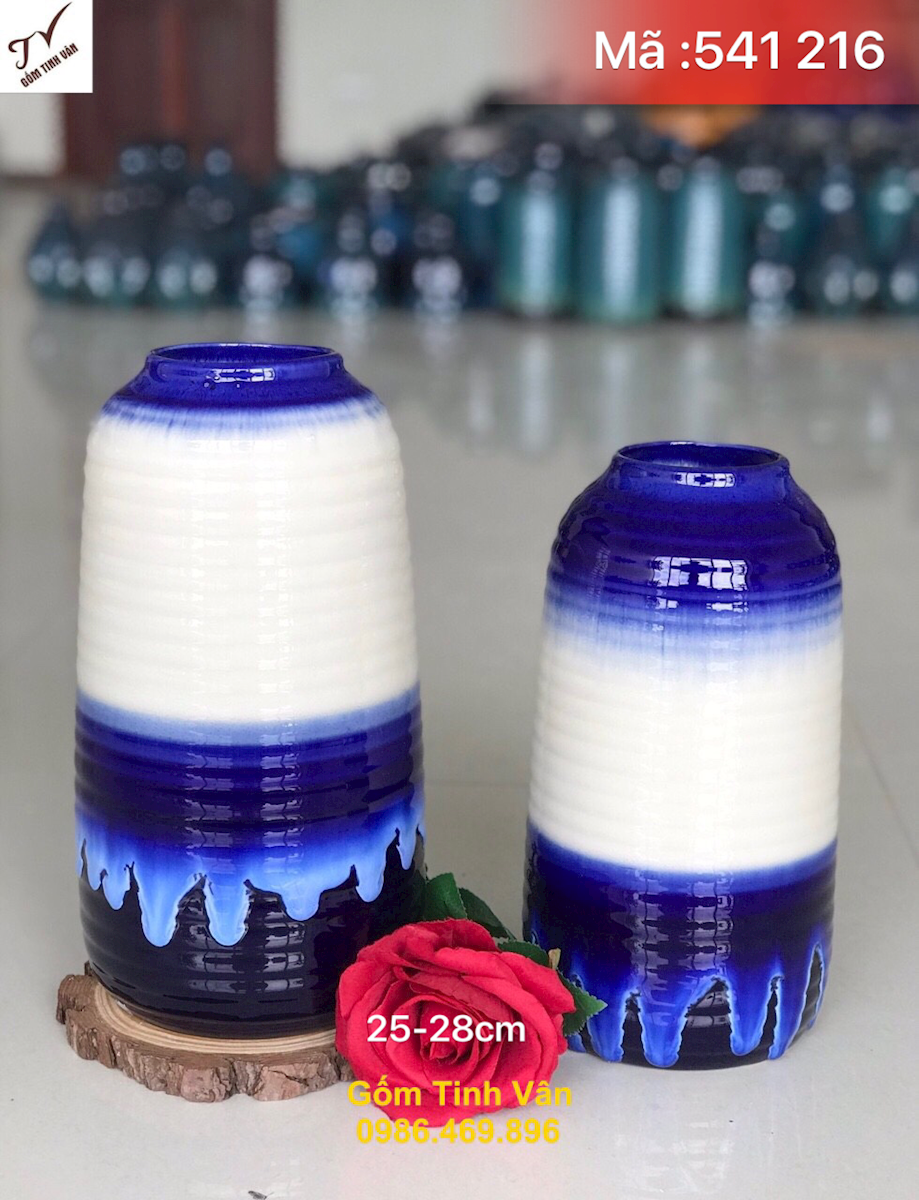 Cặp đôi bình bông nghệ thuật vân gốm, mã 541216, men trắng xanh hoả biến, bình dáng bầu tròn, cao 25-28 cm, lọ hoa trang trí gốm tinh vân