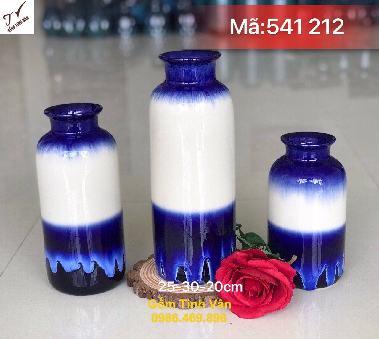 Bộ 3 bình bông nghệ thuật, mã 541212,men trắng xanh hoả biến, bình dáng trụ tròn, cao 25-30-20 cm, lọ hoa trang trí gốm tinh vân