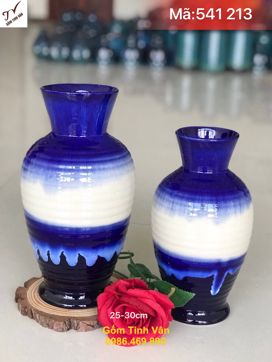 Cặp đôi bình bông nghệ thuật, mã 541213,men trắng xanh hoả biến, bình dáng cổ loe, cao 25-30 cm, lọ hoa trang trí gốm tinh vân