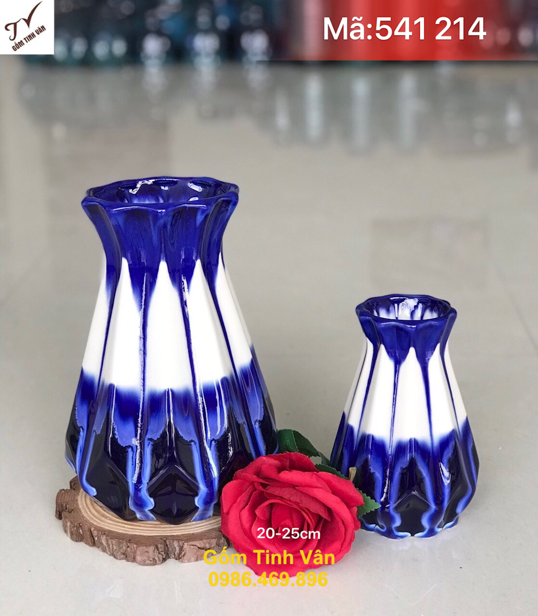Cặp đôi bình bông nghệ thuật, mã 541214, men trắng xanh hoả biến, bình dáng kim cương, cao 20-25 cm, lọ hoa trang trí gốm tinh vân