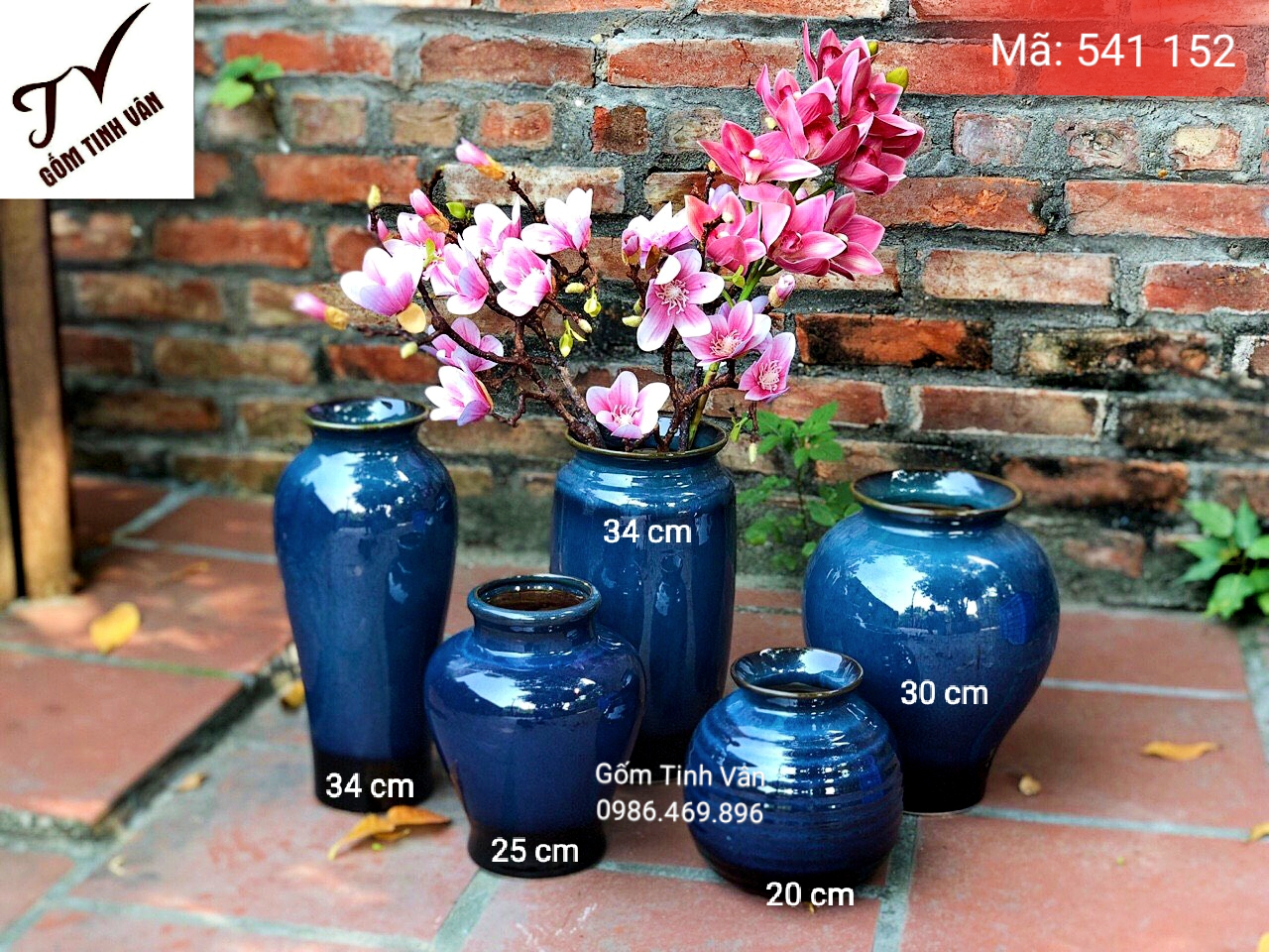 Bộ 5 bình bông men xanh đá hoả biến, mã 541152, cao 34-30-25-20 cm, gốm bát tràng, tinh vân