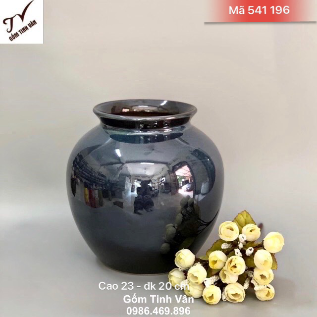 Bình bông dáng tròn, mã 541196, cao 23 dk 20 cm, men xanh đen hoả biến, đá cẩm thạch, bình trưng bông sang trọng, gốm sứ bát tràng tinh vân