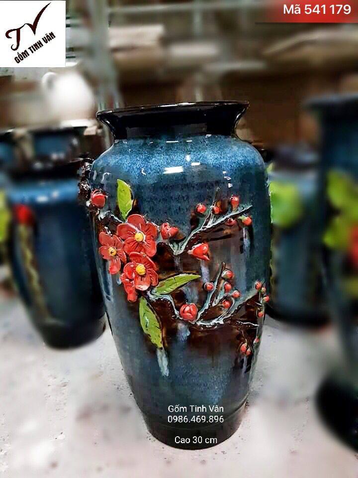 Bình bông men xanh hoả biến, mã 541179, đắp nổi hoa đào đỏ, cao 30 cm, gốm sứ bát tràng, tinh vân