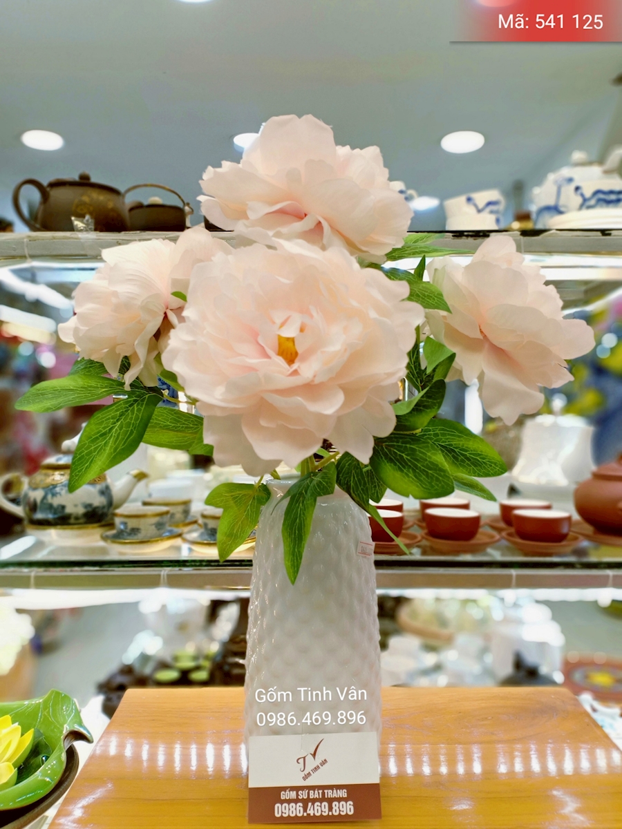 Bình bông men trắng cao 25 cm, mã 541125, hoa hồng phai, gốm bát tràng, tinh vân