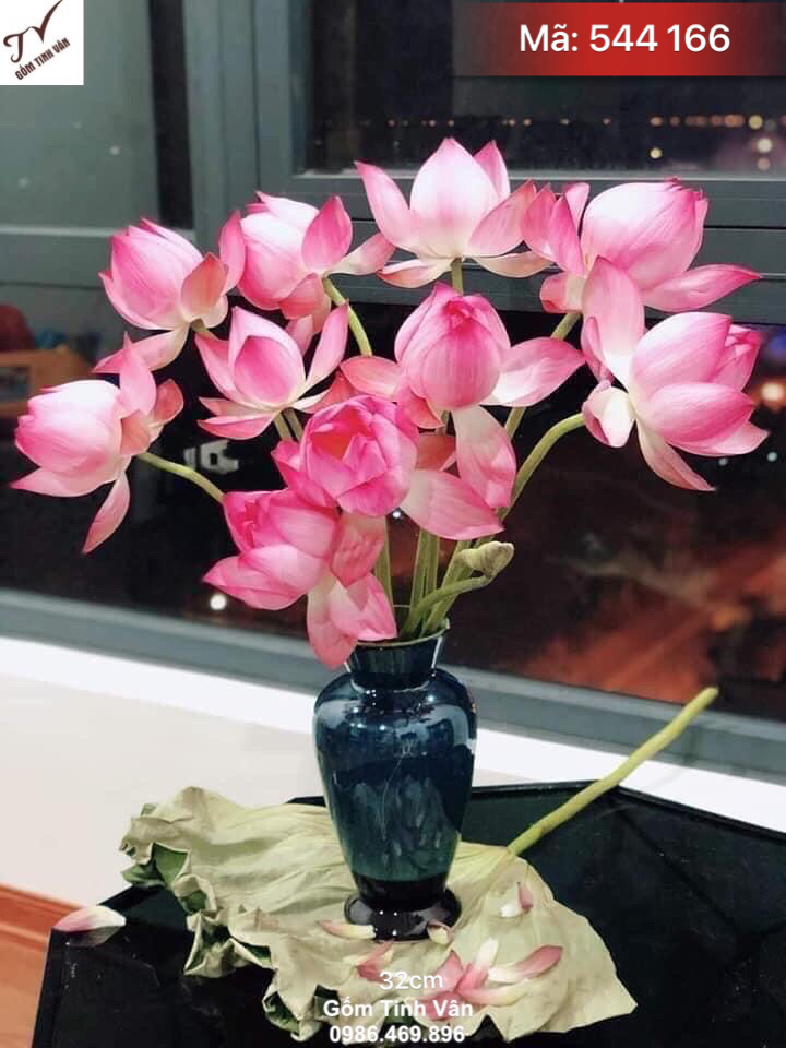 Bình bông nghệ thuật men xanh hoả biến, mã 544166, cao 32 cm, bình cắm hoa sen đẹp, sang trọng, trưng phòng khách, gốm bát tràng tinh vân