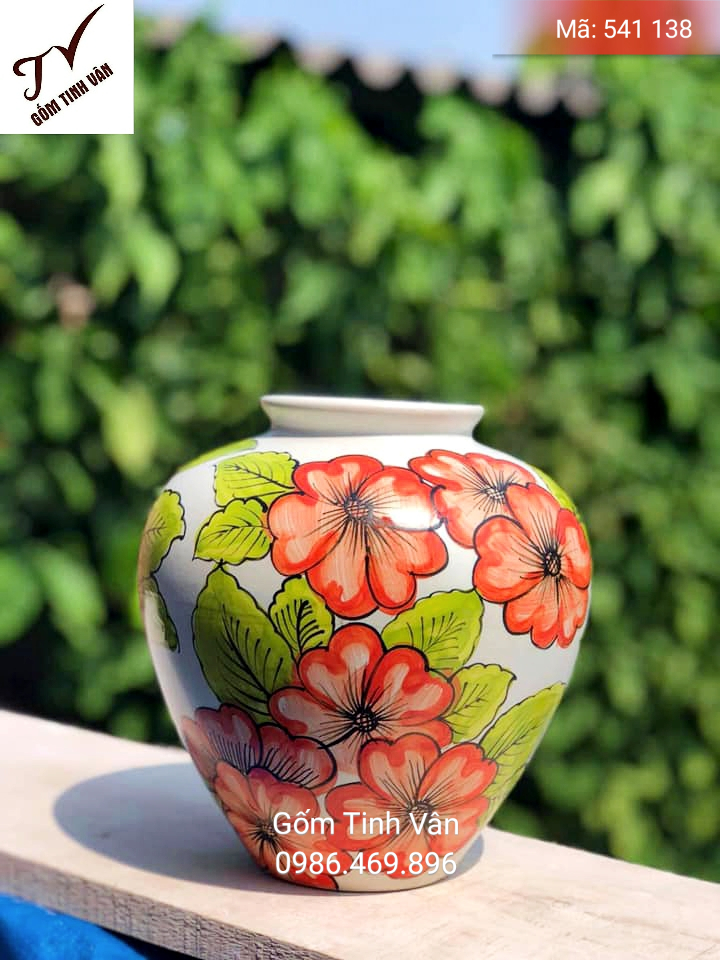 Bình bông, mã 541138, vẽ hoa đào đỏ trên nền trắng, cao 25-30 cm, hoa văn vẽ tay tỉ mỉ, sang trọng, gốm bát tràng, tinh vân