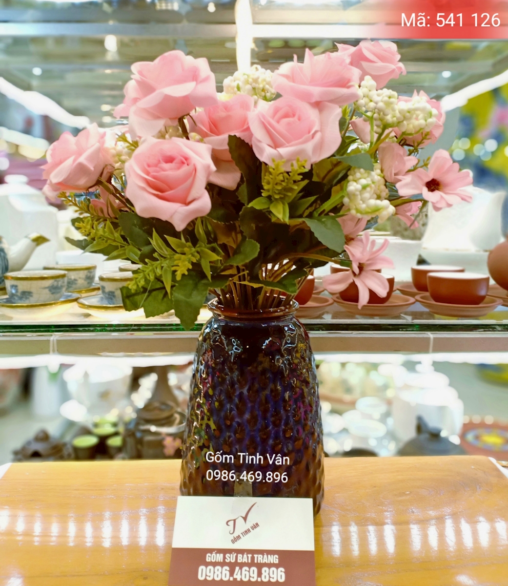 Bình cắm bông, men xanh hoả biến, mã 541126, cao 23 cm, hoa hồng phai, gốm bát tràng, tinh vân