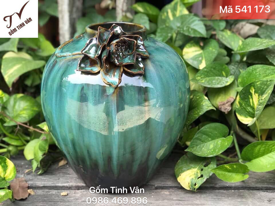 Bình cắm hoa dáng tròn, mã 541173, hoa văn đắp nổi, men chảy hoả biến, xanh ngọc, cao 30 cm, gốm sứ bát tràng, tinh vân
