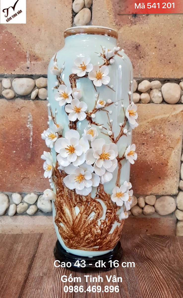 Bình hoa anh đào trắng nhuỵ hồng, mã 541201, cao 43 x 16 cm, men xanh ngọc, trang trí nội thất, gốm sứ bát tràng cao cấp