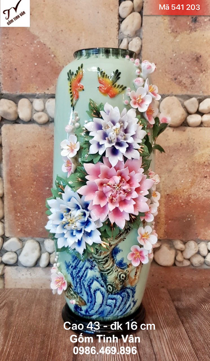Bình hoa mẫu đơn và hoa đào đâp nổi 3D, mã 541203, cao 43 x 16 cm, men xanh ngọc, trang trí nội thất, gốm sứ bát tràng cao cấp