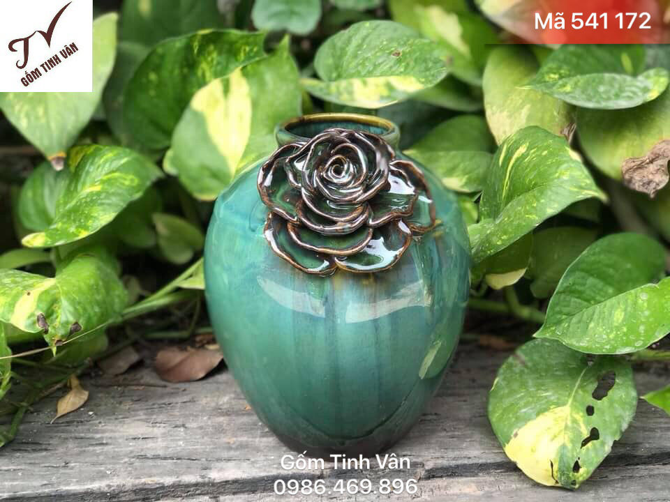 Bình nghệ thuật, bông đắp nổi, mã 541172, men xanh ngọc lục bảo, hoả biến, cao 25 cm, gốm sứ bát tràng tinh vân