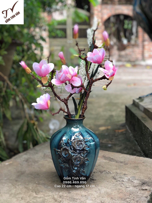 Bình trưng bông nghệ thuật, mã 541144, men xanh hoả biến, nung 2 lửa, cao 22 - ngang 17 cm, phù hợp trưng bày, quà tặng tân gia, gốm bát tràng, tinh vân