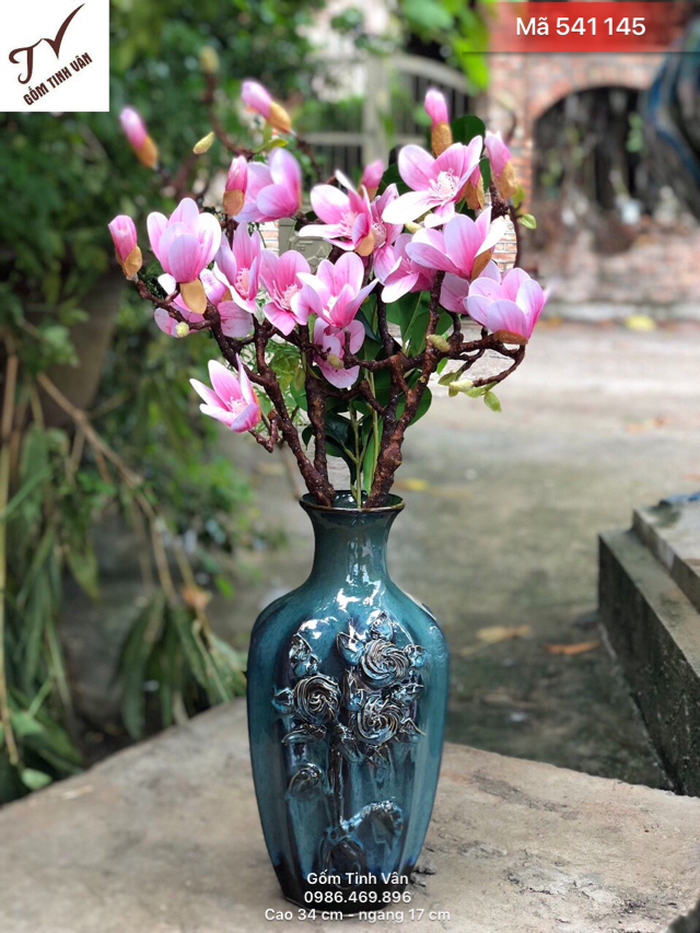 Bình trưng bông nghệ thuật, mã 541145, men xanh hoả biến, nung 2 lửa, cao 34 - ngang 17 cm, hoa văn đắp nổi, phù hợp trưng bày, quà tặng tân gia, gốm bát tràng, tinh vân
