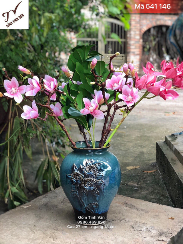 Bình trưng bông nghệ thuật, mã 541146, men xanh hoả biến, nung 2 lửa, cao 27 - ngang 18 cm, hoa văn đắp nổi, phù hợp trưng bày, quà tặng tân gia, gốm bát tràng, tinh vân