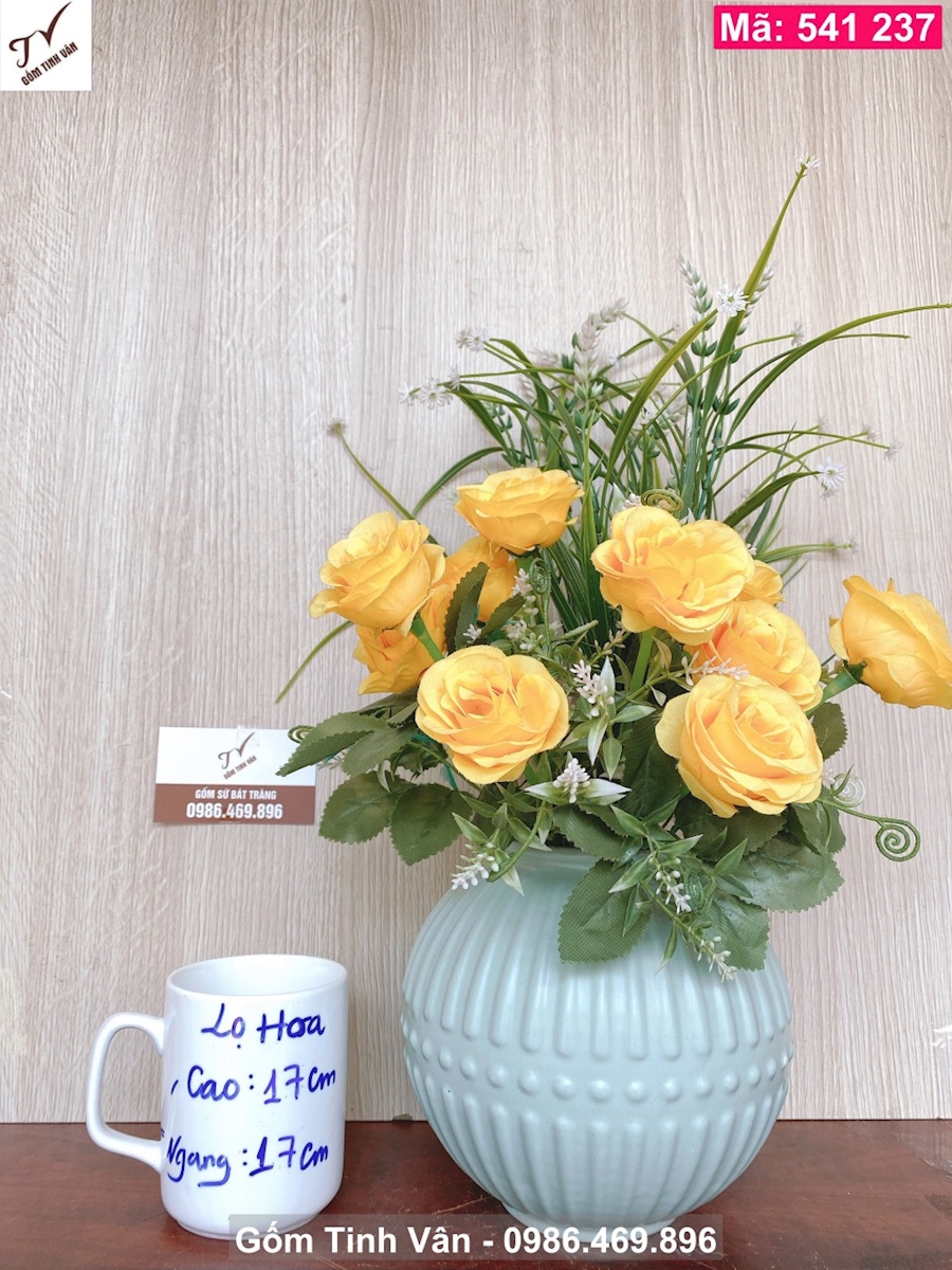 Bình cắm hoa dáng tròn, mã 541237, men xanh khắc hoa văn, kiểu dáng hiện đại, gốm bát tràng tinh vân