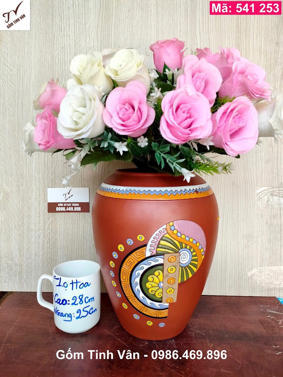 Bình gốm đỏ nghệ thuật, mã 541253, cao 28 cm, lọ hoa thổ cẩm, dáng bầu tròn bát tràng tinh vân