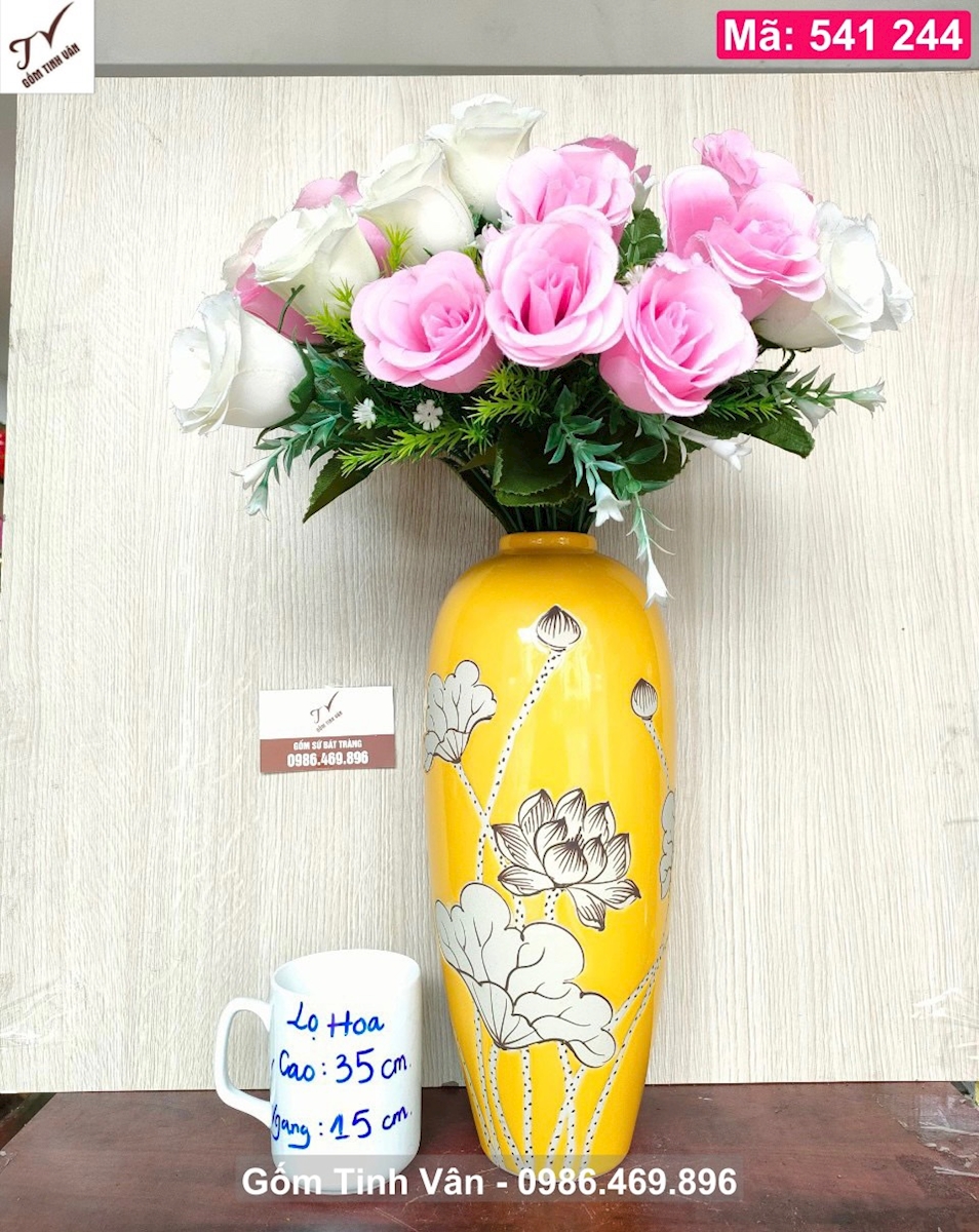 Bình gốm men vàng vẽ hoa sen, mã 541244, cao 35 cm, cắm hoa nghệ thuật, gốm bát tràng tinh vân