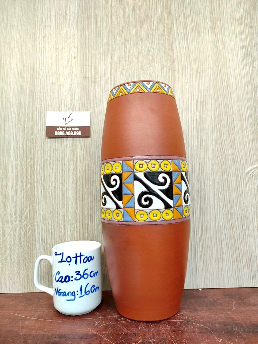 Bình gốm nghệ thuật, mã 541248, cao 36cm, lọ hoa gốm đỏ hoa văn thổ cẩm, bát tràng tinh vân