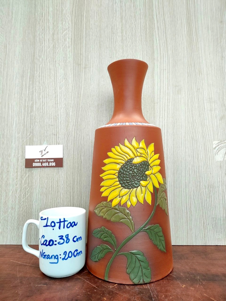 Bình gốm nghệ thuật, mã 541249, cao 38 xm, lọ hoa hướng dương gốm đỏ, bát tràng tinh vân