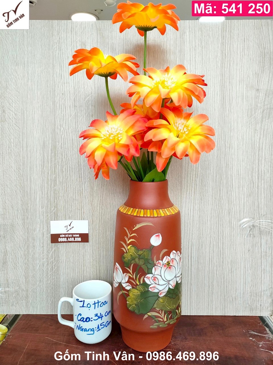 Bình gốm nghệ thuật, mã 541250, cao 34 cm, lọ hoa sen gốm đỏ, bát tràng tinh vân