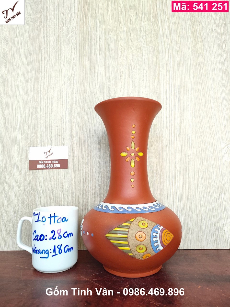 Bình gốm nghệ thuật, mã 541251, cao 28 cm, lọ hoa thổ cẩm, dáng tỏi, gốm đỏ, bát tràng tinh vân