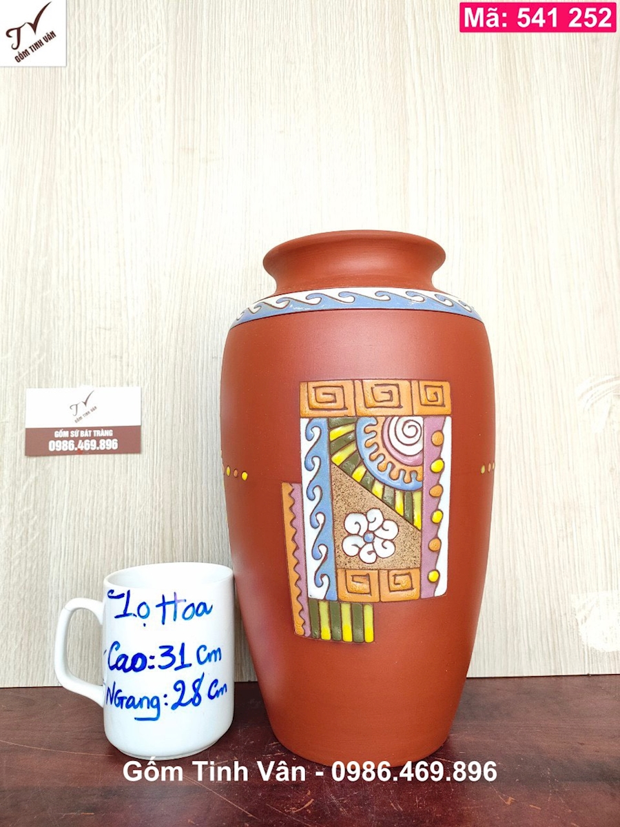 Bình gốm nghệ thuật, mã 541252, cao 31 cm, lọ hoa thổ cẩm, gốm đỏ, bát tràng tinh vân