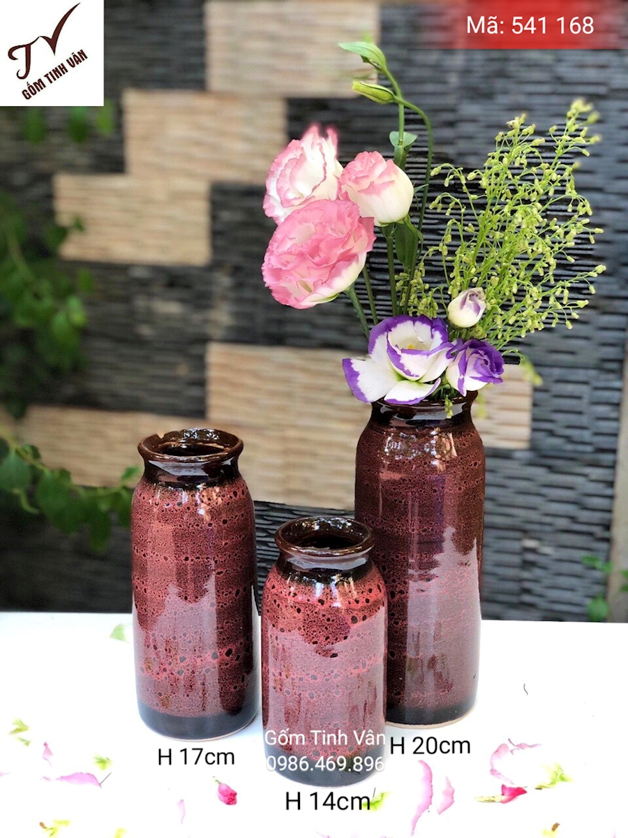 Bộ 3 bình bông dáng ống, men nâu đỏ hổ phách, mã 541168 , gốm hoả biến, cao 20-17-14 cm, gốm bát tràng, tinh vân