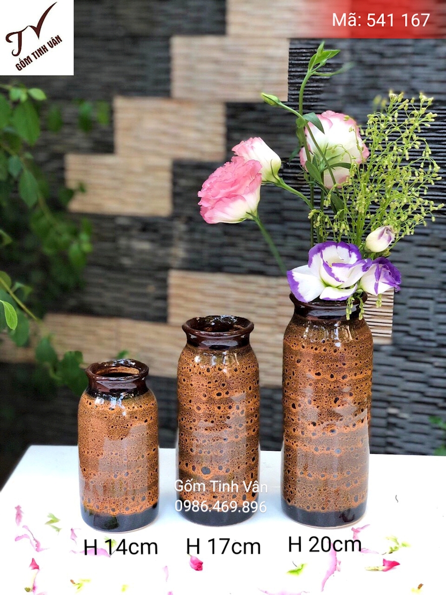 Bộ 3 bình bông dáng ống, men nâu vàng hoàng thổ, mã 541167 , gốm hoả biến, cao 20-17-14 cm, gốm bát tràng, tinh vân