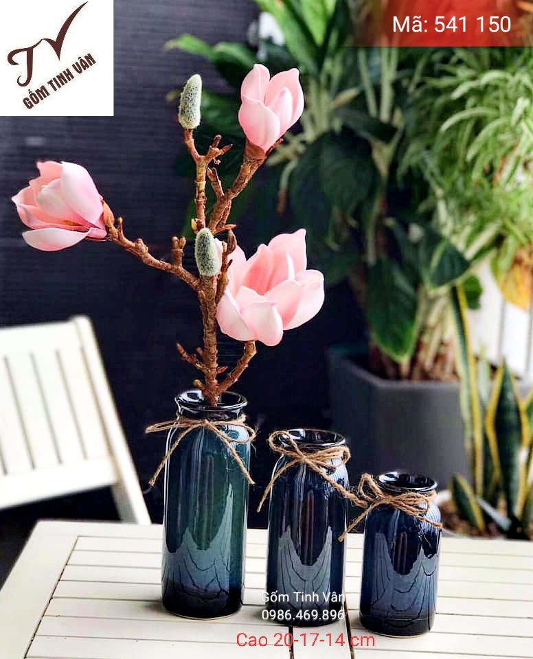 Bộ 3 bình bông men kính đen, mã 541150, gốm hoả biến, cao 20-17-14 cm, gốm bát tràng, tinh vân