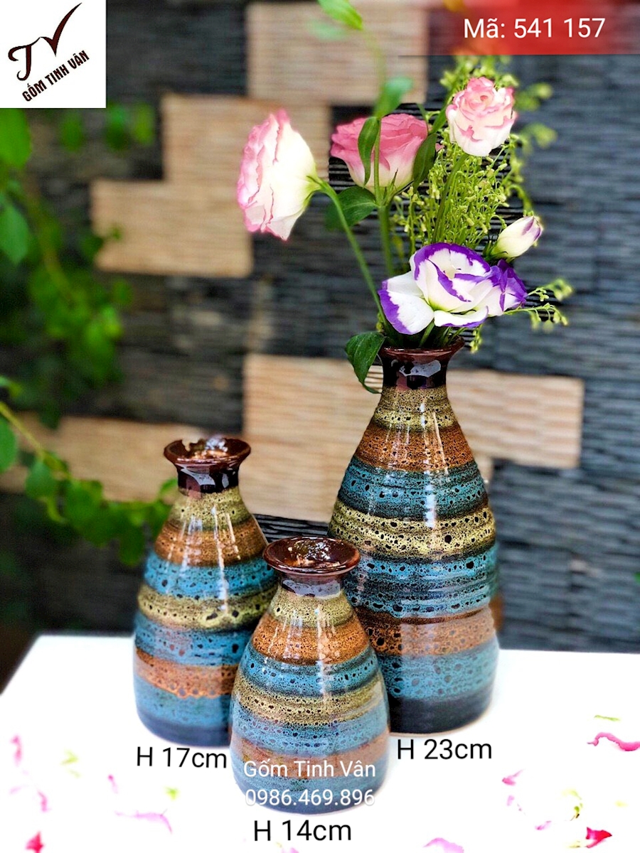 Bộ 3 bình bông men màu, 7 sắc cầu vồng, mã 541157 , gốm hoả biến, cao 23-17-14 cm, gốm bát tràng, tinh vân