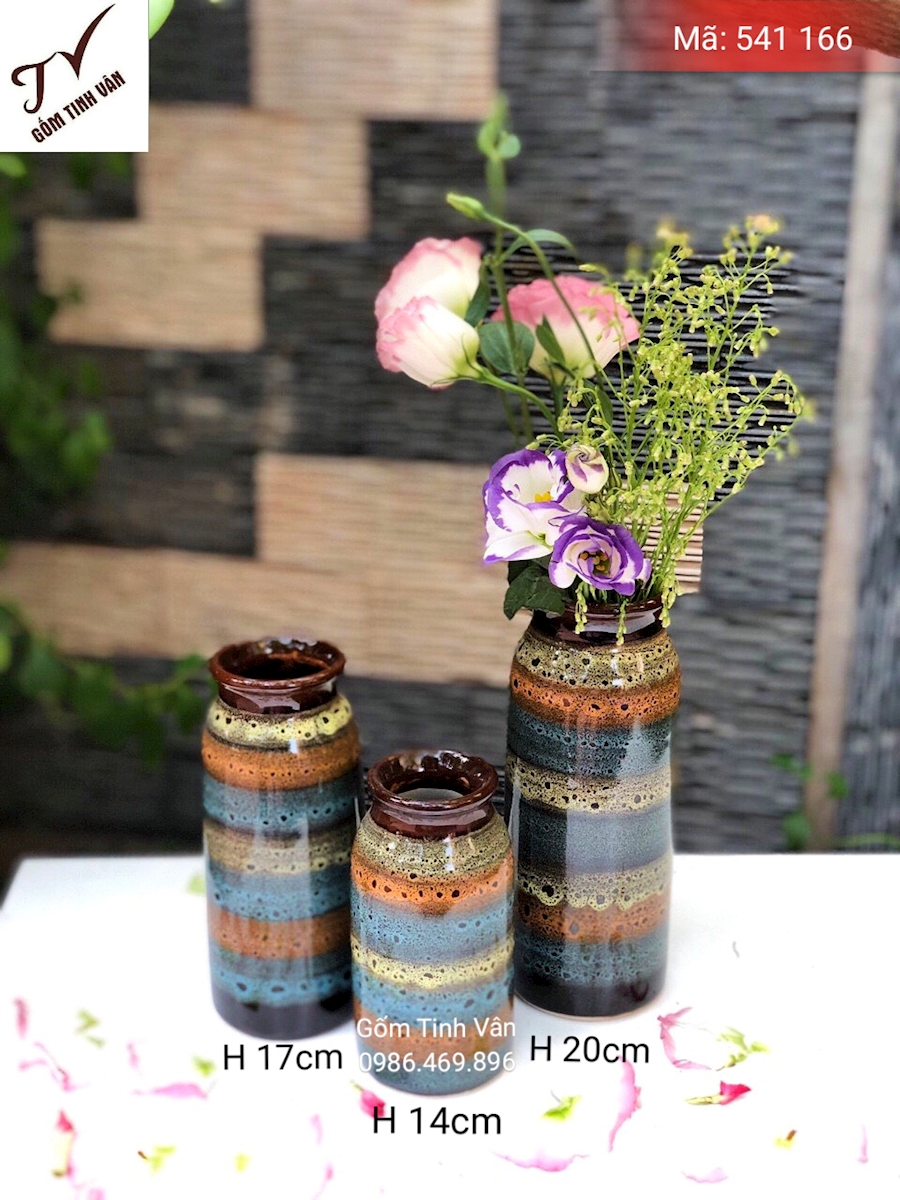 Bộ 3 bình bông men màu, 7 sắc cầu vồng, mã 541166 , gốm hoả biến, cao 20-17-14 cm, gốm bát tràng, tinh vân