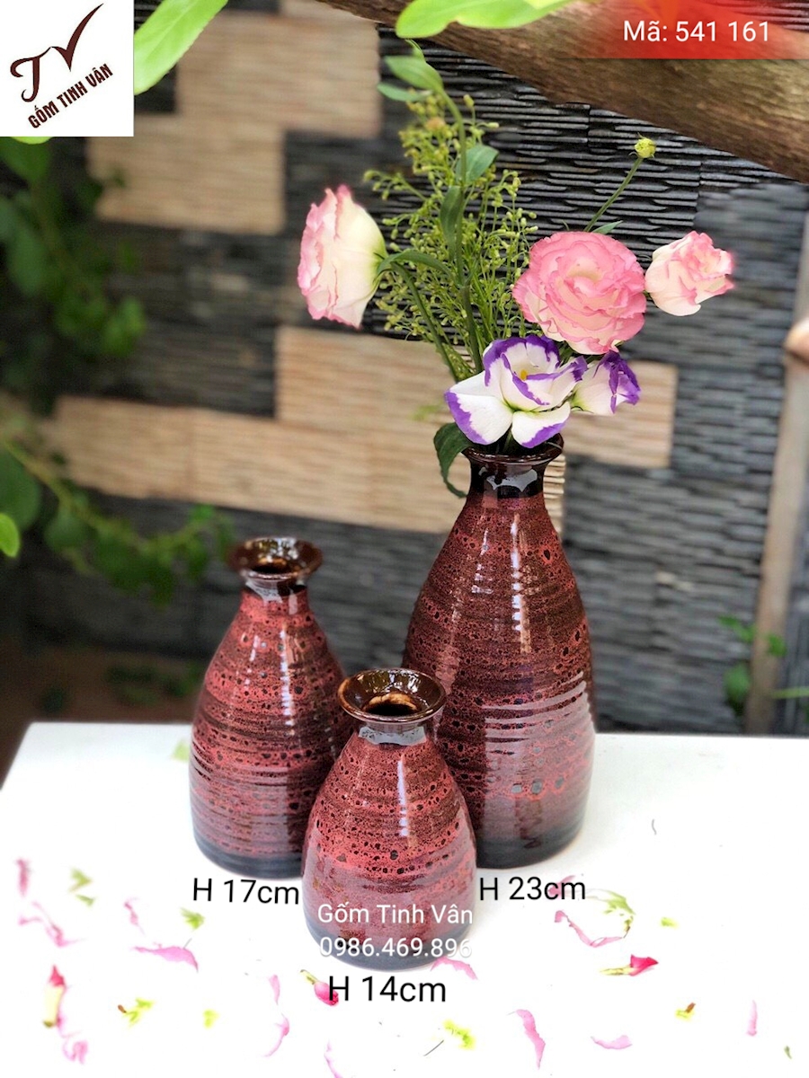 Bộ 3 bình bông men nâu đỏ hổ phách, mã 541161 , gốm hoả biến, cao 23-17-14 cm, gốm bát tràng, tinh vân