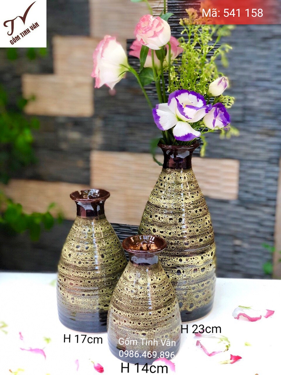 Bộ 3 bình bông men nâu vàng da báo, mã 541158 , gốm hoả biến, cao 23-17-14 cm, gốm bát tràng, tinh vân