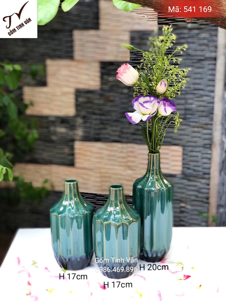 Bộ 3 bình bông men xanh lá nhạt, mã 541169 , gốm hoả biến, cao 20-17 cm, gốm bát tràng, tinh vân