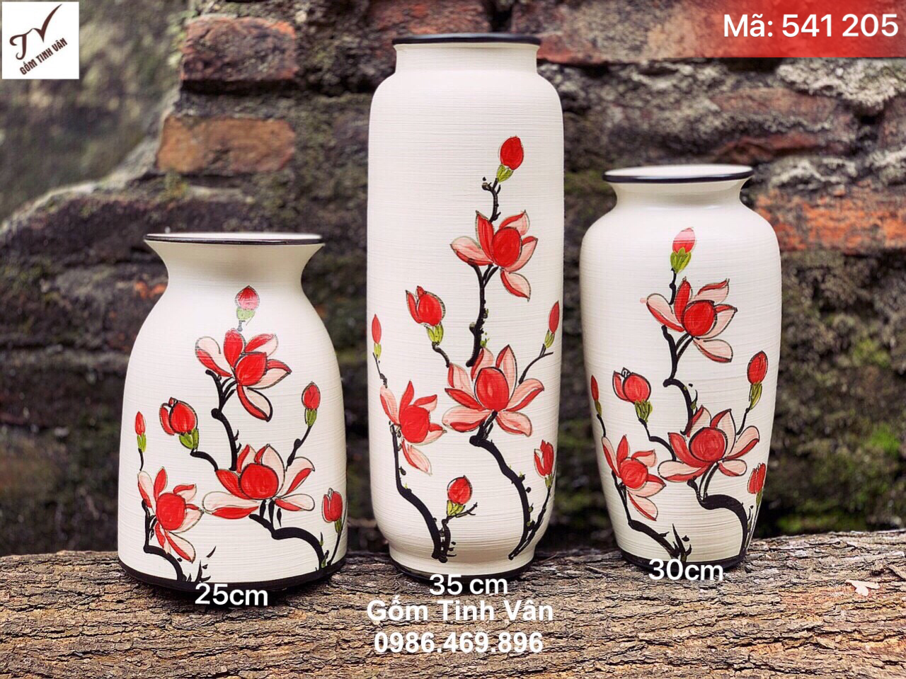 Bộ 3 bình bông nghệ thuật, mã 541205, hoa sen đỏ vẽ tay mềm mại, lọ hoa trang trí nội thất đẹp, cao 25-35-30 cm, gốm bát tràng tinh vân