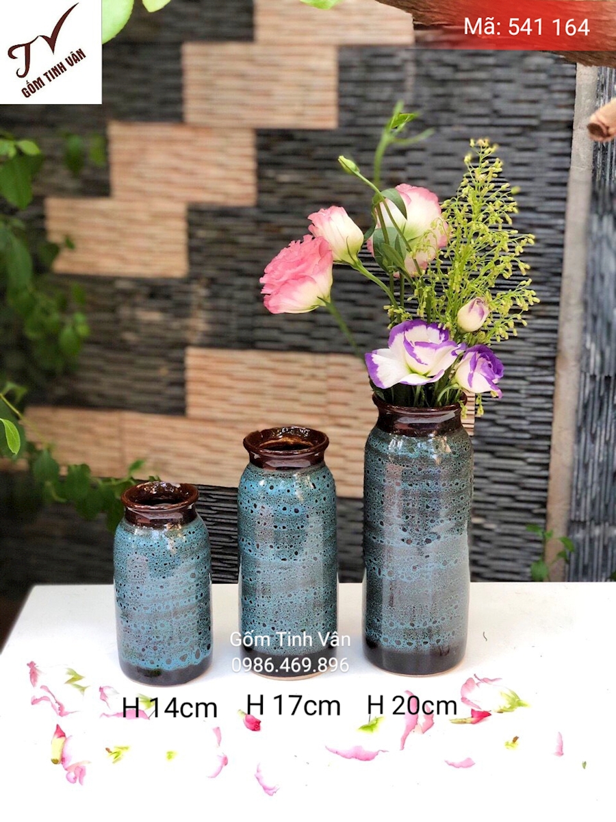 Bộ 3 bình hoa dáng ống, mã 541164, men xanh dương hoả biến, vân da báo, cao 20-17-14 cm, gốm sứ bát tràng, tinh vân