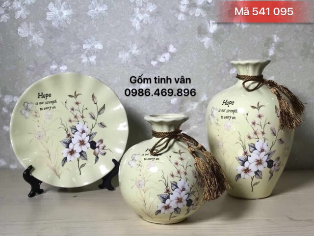 Bộ 3 bình hoa và đĩa nghệ thuật, mã 541095, men vàng vẽ hoa, gốm sứ bát tràng, tinh vân