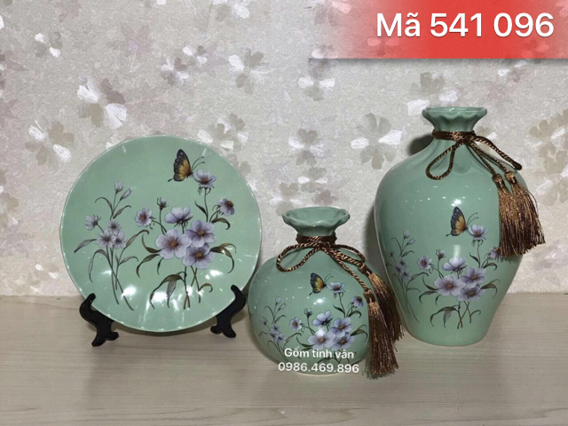 Bộ 3 bình hoa và đĩa nghệ thuật, mã 541096, men xanh vẽ hoa, gốm sứ bát tràng, tinh vân