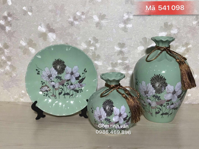 Bộ 3 bình hoa và đĩa nghệ thuật, mã 541098, men xanh vẽ hoa, gốm sứ bát tràng, tinh vân