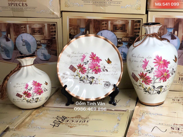 Bộ 3 bình hoa và đĩa nghệ thuật, mã 541099, men xanh vẽ hoa, gốm sứ bát tràng, tinh vân