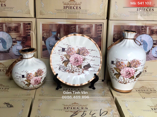 Bộ 3 bình hoa và đĩa nghệ thuật, mã 541102, men trắng vẽ hoa, gốm sứ bát tràng, tinh vân