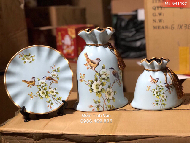 Bộ 3 bình hoa và đĩa nghệ thuật, mã 541107, men xanh vẽ hoa và chim, gốm sứ bát tràng tinh vân