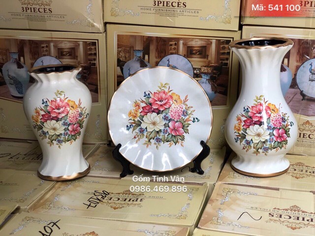 Bộ 3 bình hoa và đĩa nghệ thuật, mã 54100, men trắng vẽ hoa, gốm sứ bát tràng, tinh vân