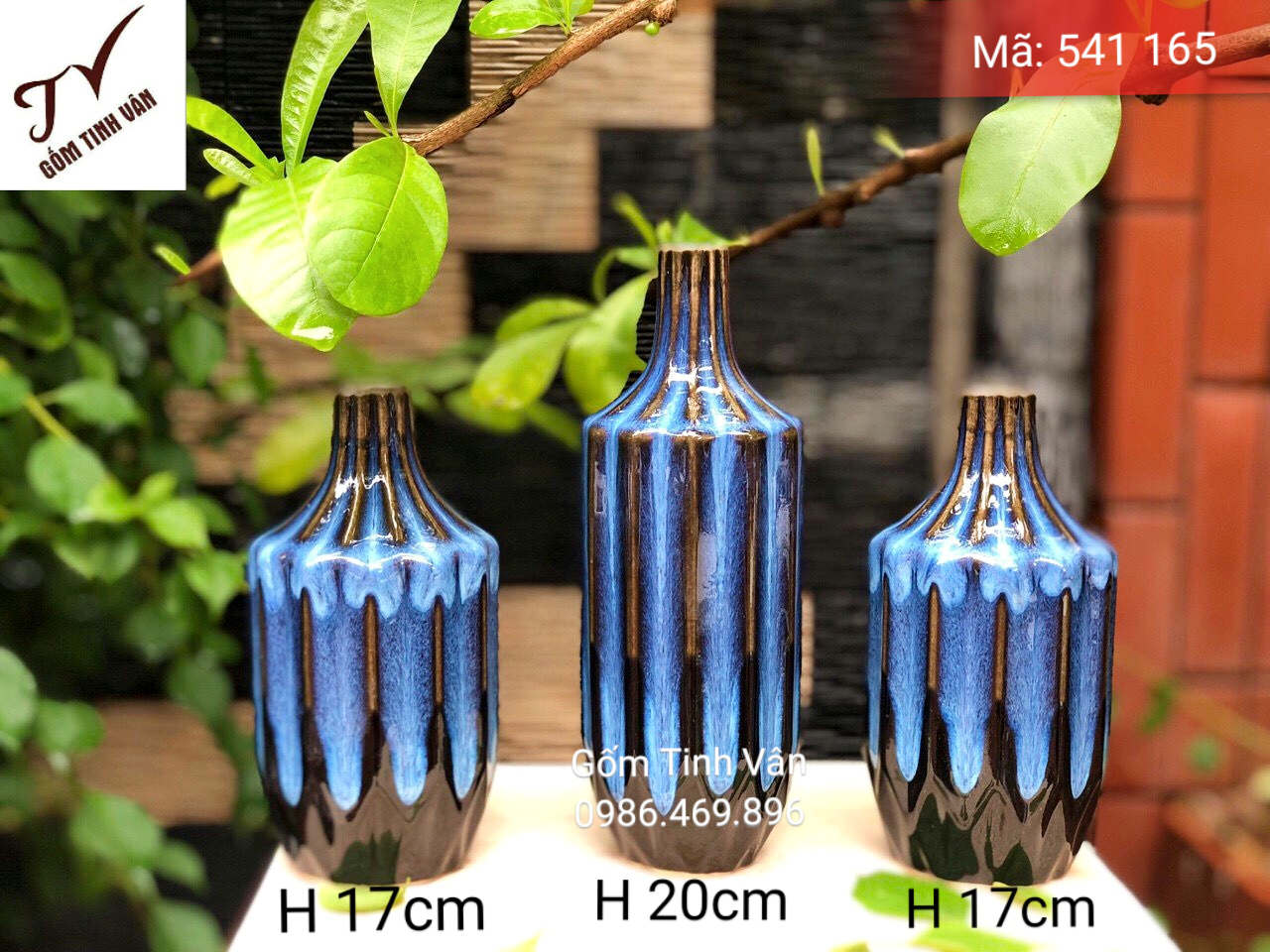 Bộ 3 bình hoa, mã 541165, men xanh dương hoả biến, vân sọc đứng, cao 20-17 cm, gốm sứ bát tràng, tinh vân