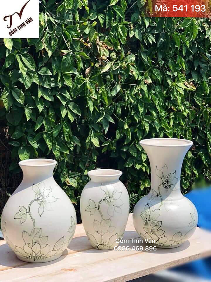 Bộ 3 bình trằng hoa văn, mã 541193, trang trí nội thất sang trọng, cao 25-27-30 cm, gốm sứ bát tràng, tinh vân