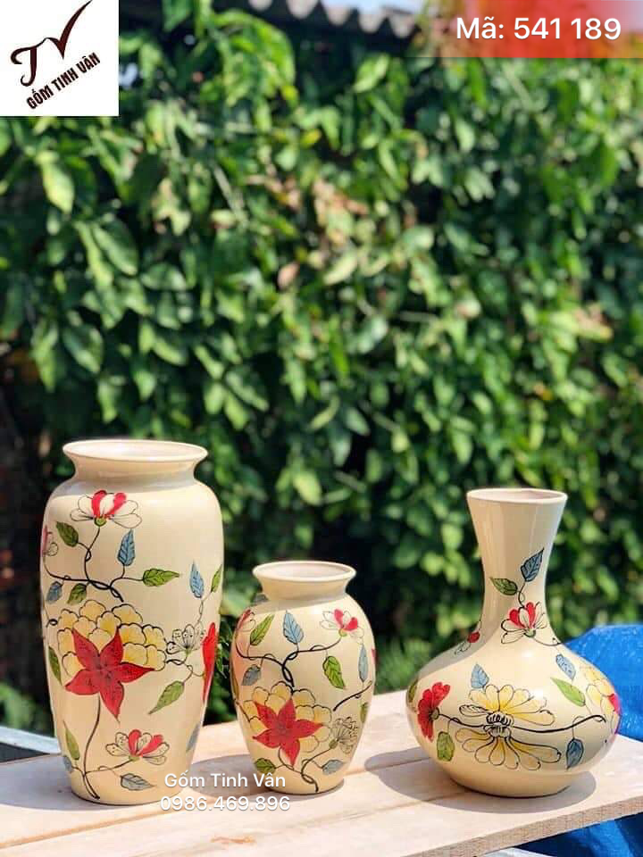 Bộ 3 lọ nghệ thuật hoa lá mùa thu, mã 541189, cao 25-28-30 cm, gốm sứ bát tràng, tinh