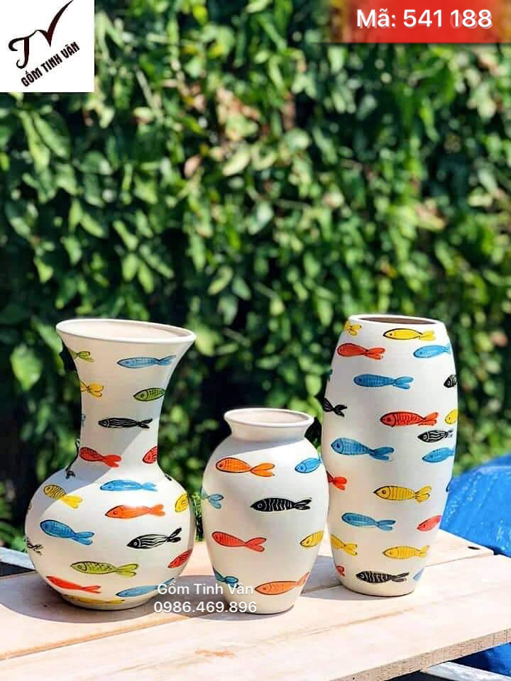 Bộ 3 lọ nghệ thuật vẽ cá đàn, bảy sắc cầu vồng, mã 541088, cao 30 cm, gốm sứ bát tràng, tinh vân